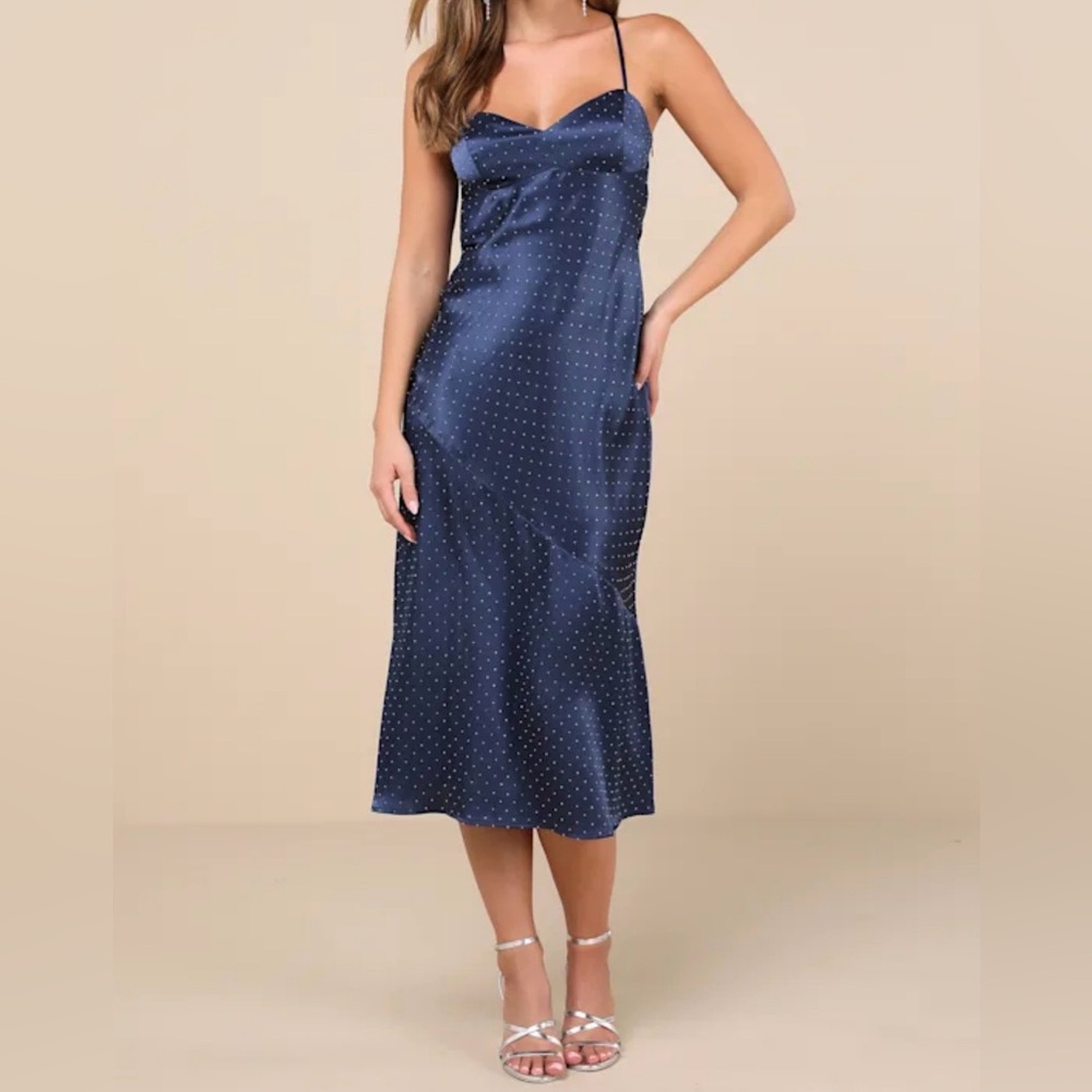 Lulu’s Elegant Navy Halter Dress midi embellished with crystals sz small
